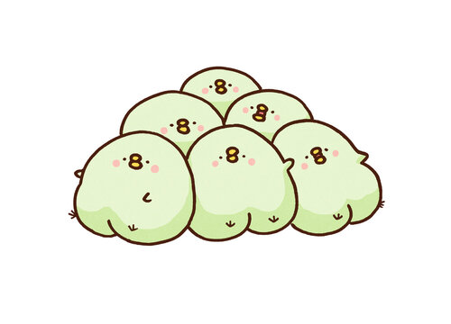 Flock of green little birds gathered closely together, birds of a feather flock together idiom or like-minded friends concept