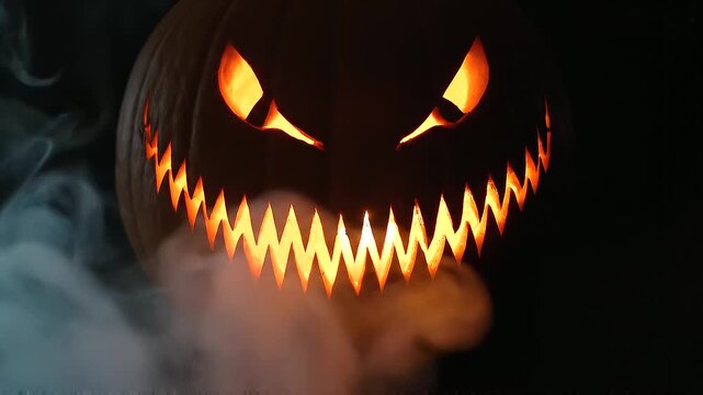 Menacing carved Halloween pumpkin glowing with internal candlelight against a pure black background, revealing pointed eyes and rows of sharp teeth in a sinister jack-o-lantern face.