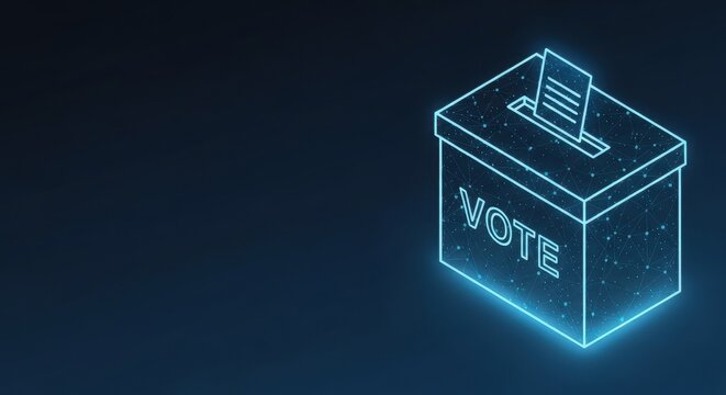 Glowing neon voting box with ballot papers, representing the digital concept of democracy and civic participation in elections