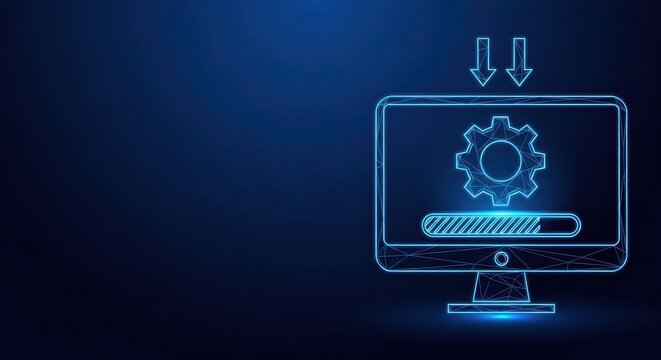 Computer screen displaying software update progress with gear icon and download arrows
