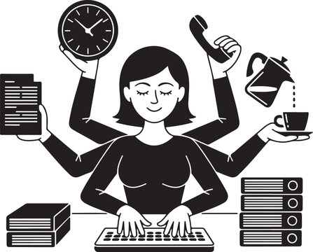 Silhouette icon depicting multitasking woman with office elements