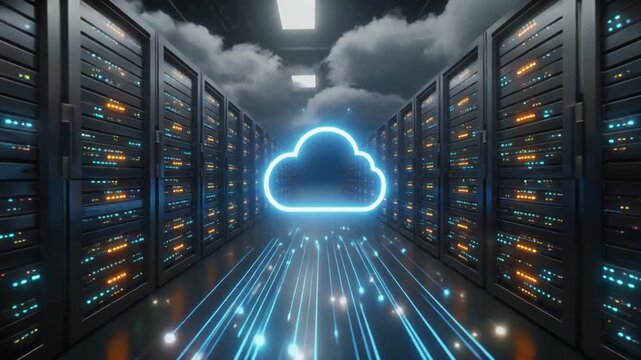 Modern cloud computing concept featuring a glowing neon cloud icon floating in a high-tech data center server room with digital data transmission lines