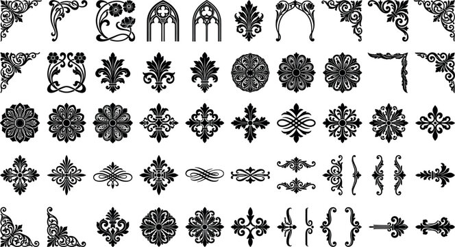 Vintage baroque design elements mega bundle with ornate corner borders fleur de lis fleurons dividers and circular rosette silhouette vectors