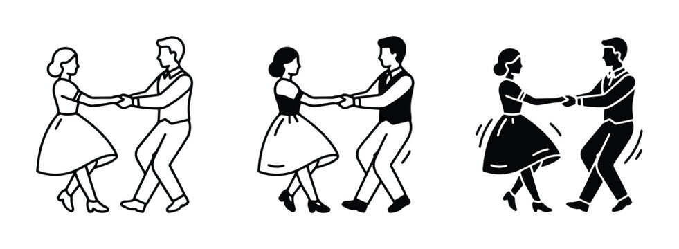 Retro Swing Dance Couples, Vintage Ballroom Dancing Icons, Black and White Vector Art