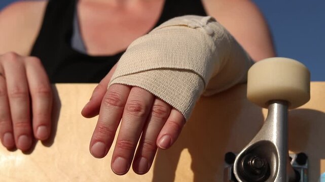 Skateboarder sits with bandaged hand and skateboard against blue sky. Skateboarding injury, first aid, immobilization of injured hand, break in skating. Skateboard in girl's hands