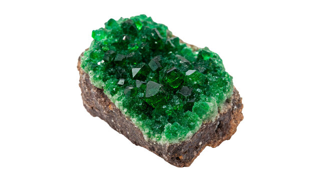 Raw green uvarovite garnet crystal cluster mineral specimen on dark background