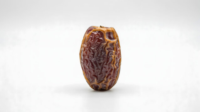 A single dried date fruit with a wrinkled brown skin and a textured surface isolated on a plain white background, for food
