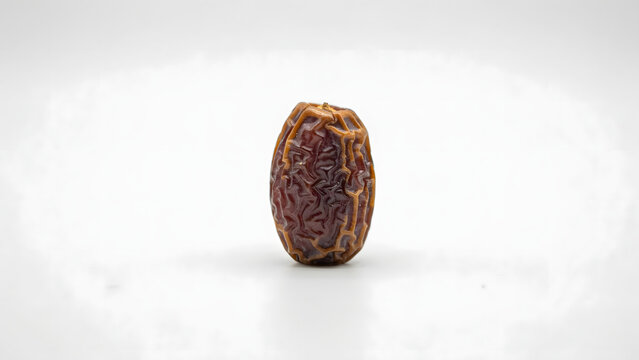 A single dried date fruit with a wrinkled brown skin and a textured surface isolated on a plain white background, for food