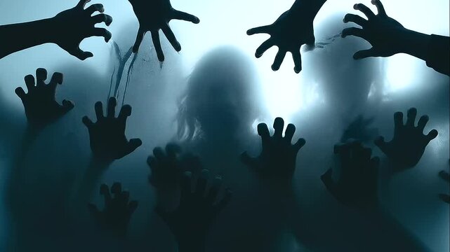 Ghostly hands pressing outward from behind a translucent stretched membrane, with blurred human silhouettes beneath the pale surface, creating a disturbing surreal horror scene.