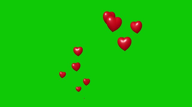 Rising red hearts on green screen, glossy 3D hearts floating up for Valentine day love and romance overlay