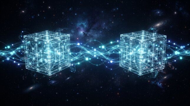 Two quantum data cubes connected by luminous entanglement pathways, illustrating qubit synchronization, quantum communication and next-generation information technology.