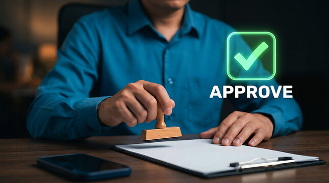 Man approving document with rubber stamp and digital checkmark graphic symbol