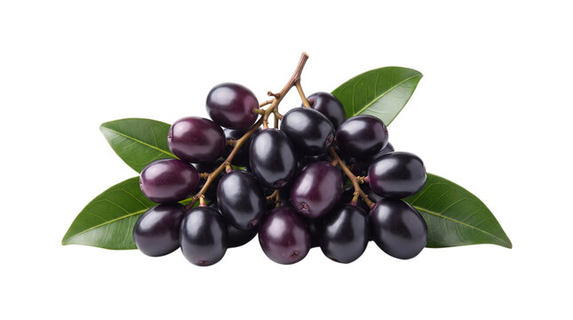 A vibrant cluster of jabuticaba fruit with glossy skin and lush green leaves