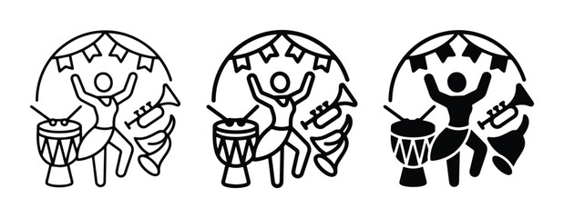Obraz premium Carnival Celebration Icons: Dancing Figures, Drums, Trumpets, Festive Banners