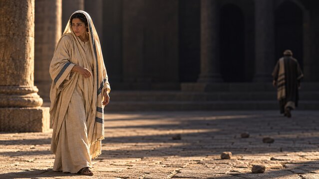 A biblical woman in a veil stands among stones outside an ancient temple. A man walks through the courtyard. The scene conveys mercy, forgiveness, and moral reflection.