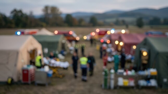 Emergency medical personnel operate a field hospital setup during a disaster relief operation. Tents and rescue vehicles are visible in the background with soft focus and bokeh.