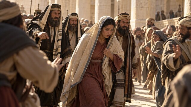Accused woman stands among religious leaders in an ancient temple courtyard. Men confront her under the law. Biblical scene about mercy, judgment, and redemption.