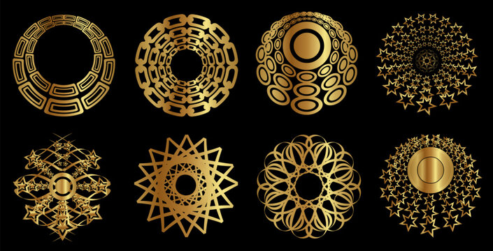 Luxury gold round geometric symbols and star mandalas, vector ornaments set on black background.