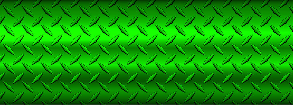 Green metal banner with diamond plate pattern, shiny metallic texture industrial background.