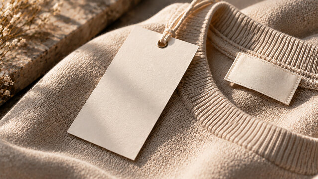 Beige blank paper price tag tied to textured soft knitted sweater fabric with label patch for retail fashion apparel clothing brand identity identity mockup.