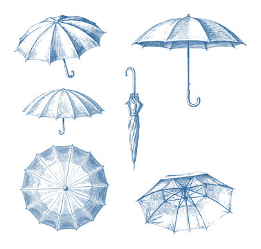 Vintage umbrella collection, hand drawn sketches of open and folded rain umbrellas.
