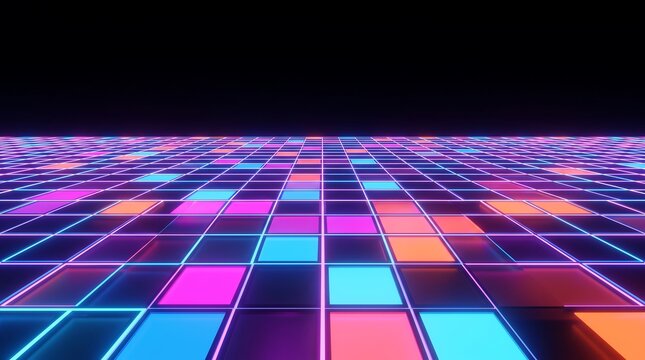 Neon glowing grid floor with colorful square tiles in dark space