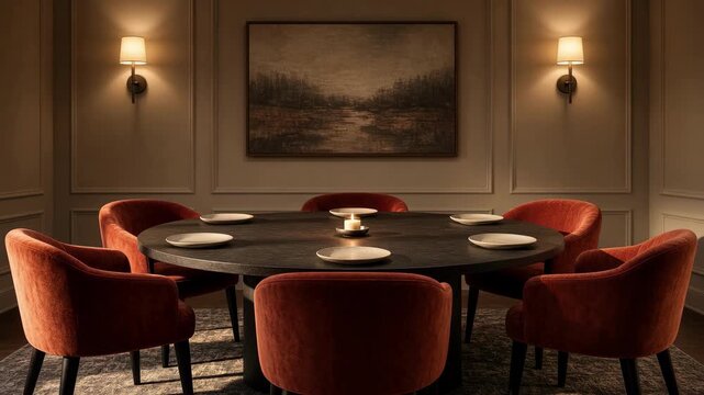 Private dining room with a round table and red upholstered chairs