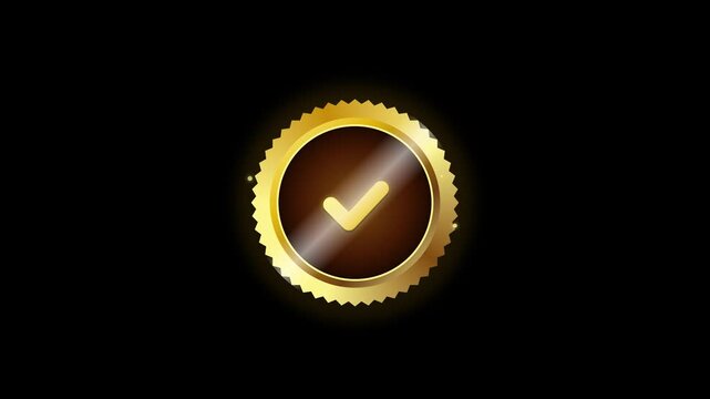 Golden luxury certificate seal badge animation with embossed check mark, serrated edge, light shimmer sweep, and floating sparkles on alpha channel. 