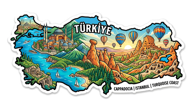 Illustrated map of Turkiye featuring Istanbul landmarks and Cappadocia