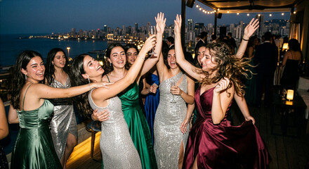 Obraz premium Lebanese girls dancing and celebrating prom night in beirut rooftop