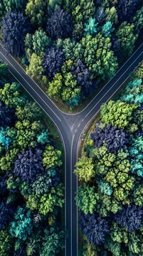 A top-down Y-junction divides an enchanted forest of deep indigo, lime green and turquoise foliage into a striking graphic composition.
