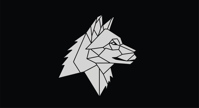 Geometric wolf head illustration features a polygonal design on a black background