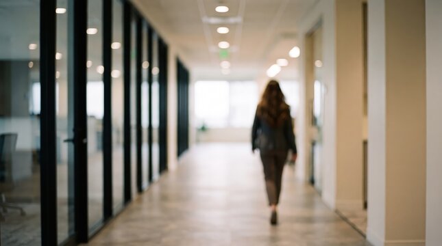 A professional woman with long dark hair walks away down a bright modern office corridor lined with glass partition walls and recessed ceiling lights, symbolizing career progression and corporate.