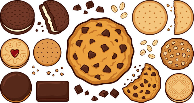 Assorted Delicious Cookies and Sweet Biscuits Vector Icon Set Featuring Chocolate Chip Cookies, Sandwich Oreos, Oatmeal, and Jam Filled Treats for Bakery Designs