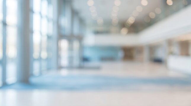 Out of focus modern office building lobby or corporate hotel reception hall interior with large glass windows, polished tile floors, and soft glowing ceiling lights creating a professional atmosphere.