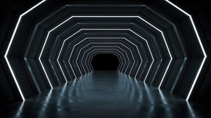 Fototapeta premium Dark futuristic tunnel with glowing white neon hexagonal light frames on the walls and a smooth reflective floor in a perspective view