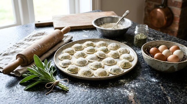 Freshly handmade circular ravioli pasta pieces dusted with white flour sit arranged on a rustic ceramic plate before being cooked