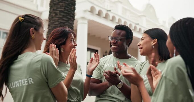 Volunteer, team and high five with applause for winning, community mission or outdoor success. Happy people, group or NGO clapping with hands together for economic achievement or charity outreach