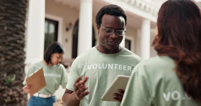 Volunteer, tablet and man with handshake for sign up outdoor, task delegation and happy. People, shaking hands and technology for community outreach, online checklist and charity or nonprofit team