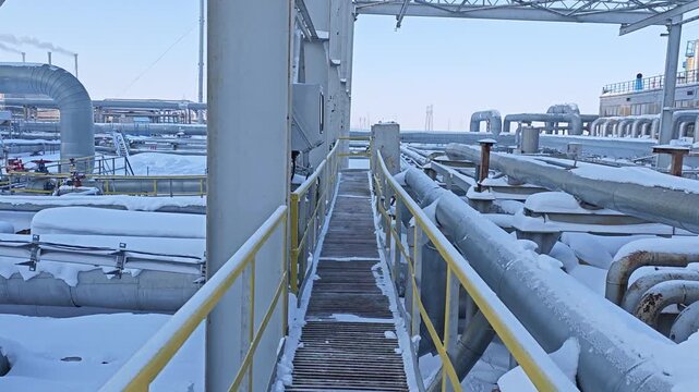 Snowy industrial plant stands quiet in winter. Snow covered pipes line elevated walkways through facility, while metal ducts and railings frame cold, orderly energy site and utility infrastructure.