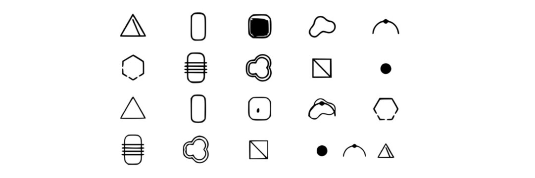 Minimalist Geometric Ideogram Line Icons Set, Featuring Triangles, Circles, Squares, and Abstract Shapes