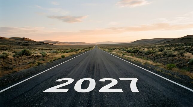 Straight asphalt road at sunset with 2027 written ahead