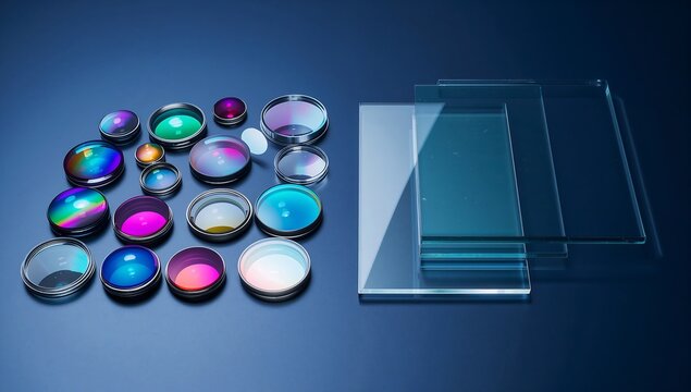 Set of colorful camera lens filters and a smartphone on blue surface