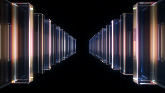 Abstract tunnel of glowing glass rectangles on a black background