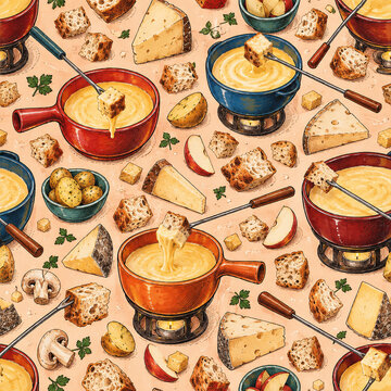 Winter fondue pattern with hand drawn cheese bread cookware and colorful culinary marker texture