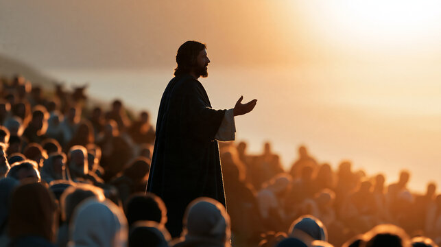 A biblical teacher figure teaching a large crowd of followers atop a hill overlooking a lake, sermon and gospel teaching concept, banner design, with copy space