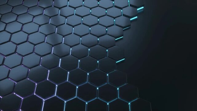 Abstract 3D Hexagonal Honeycomb Grid Animation with Glowing Cyan Neon Edges and Copy Space on Dark Background