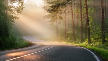 Obraz premium Empty winding asphalt road disappearing into a misty lush green pine forest during golden hour, peaceful travel and nature concept.