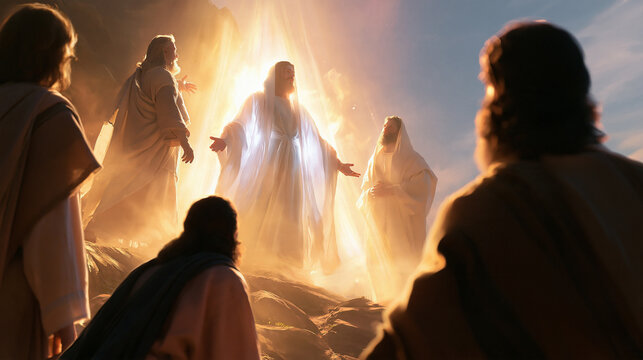 A transfiguration scene on the mountain, radiating divine glory with two prophetic figures, followers witnessing in awe, religious art, with copy space