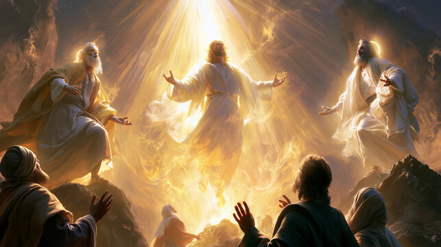 A transfiguration scene on the mountain, radiating divine glory with two prophetic figures, followers witnessing in awe, religious art, with copy space